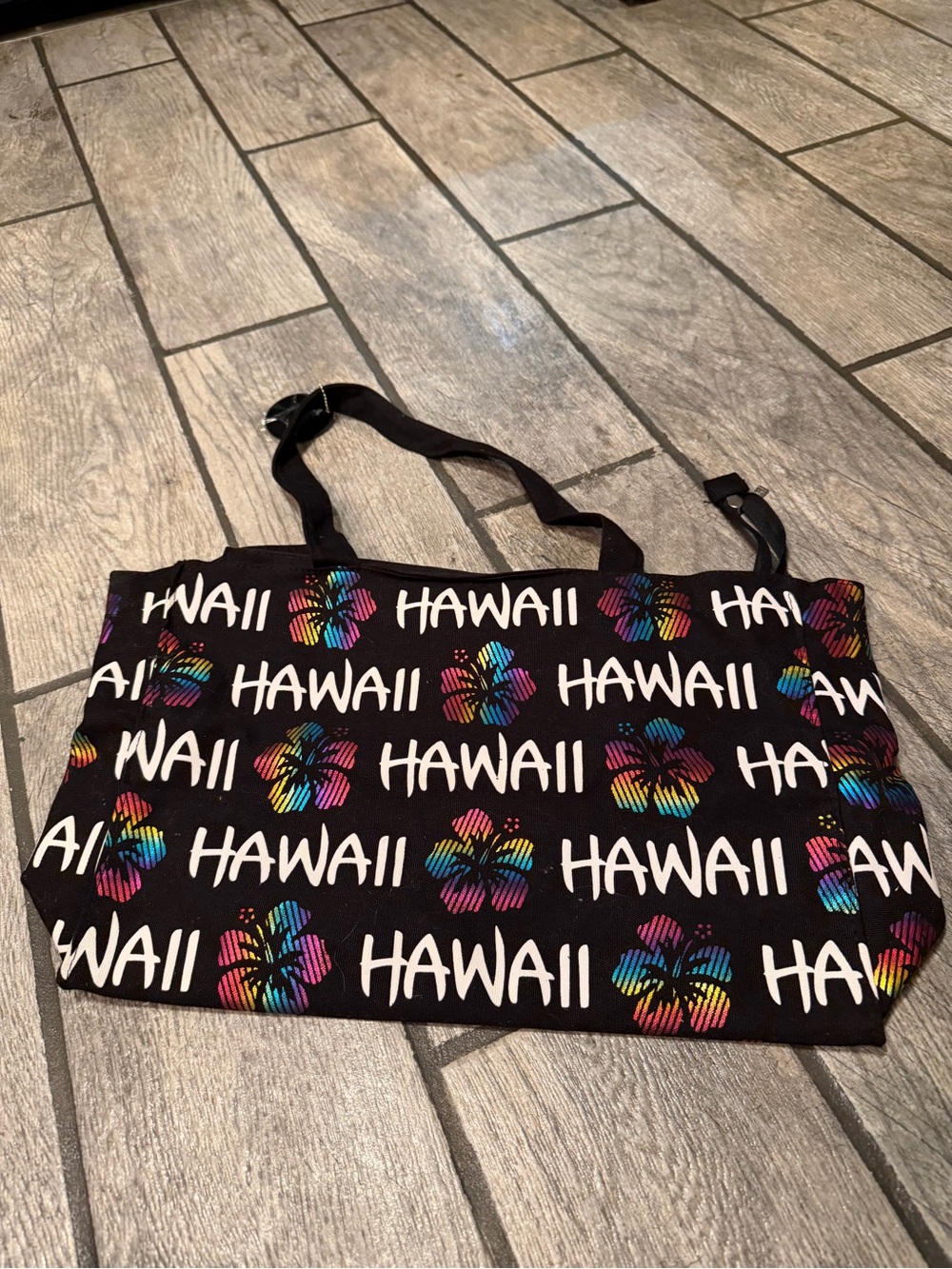 Black Hawaii Print Tote Bag with Rainbow Floral Accents BRAND NEW